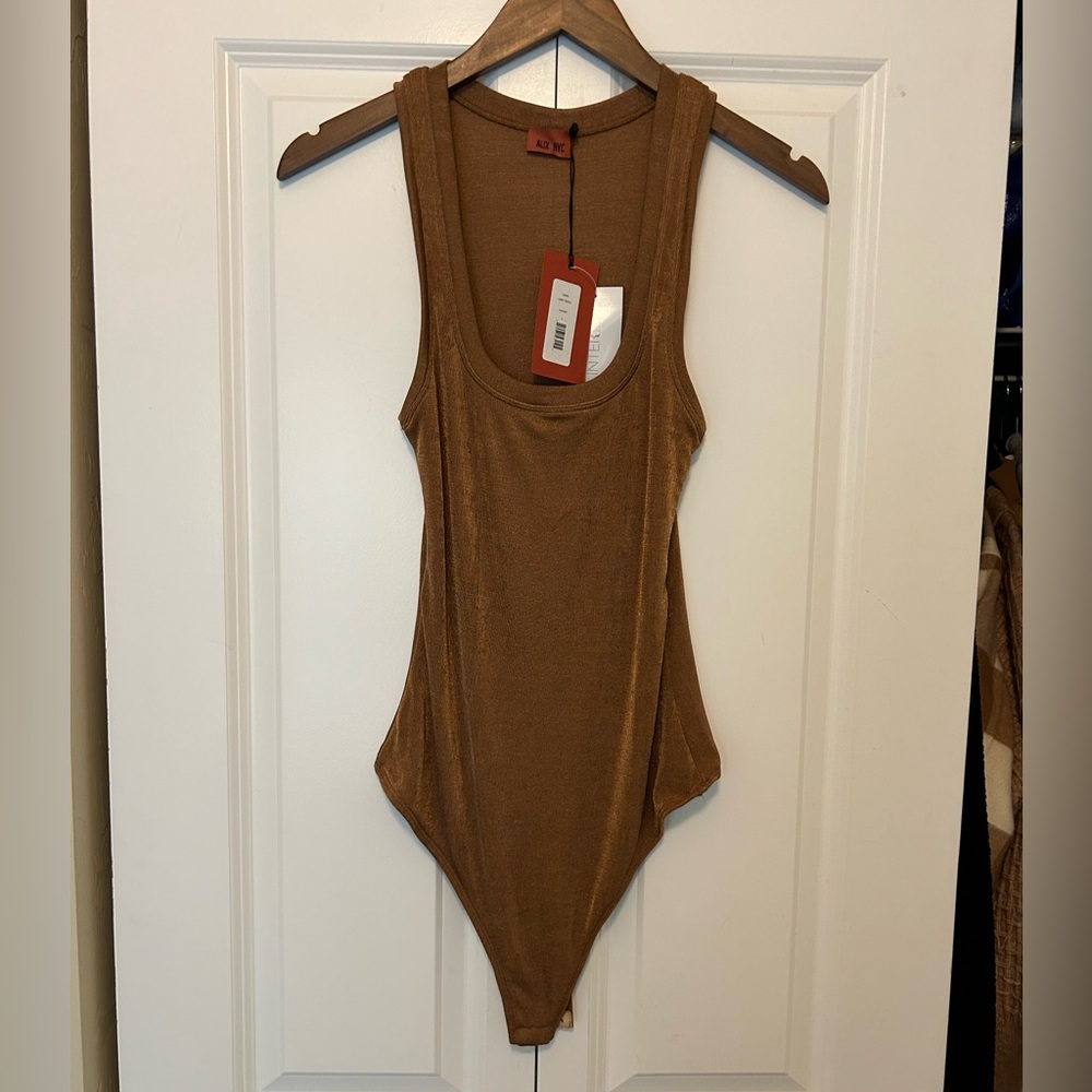 Alix NYC Women Copper Metallic Hart Scoop Neck Rib Bodysuit
